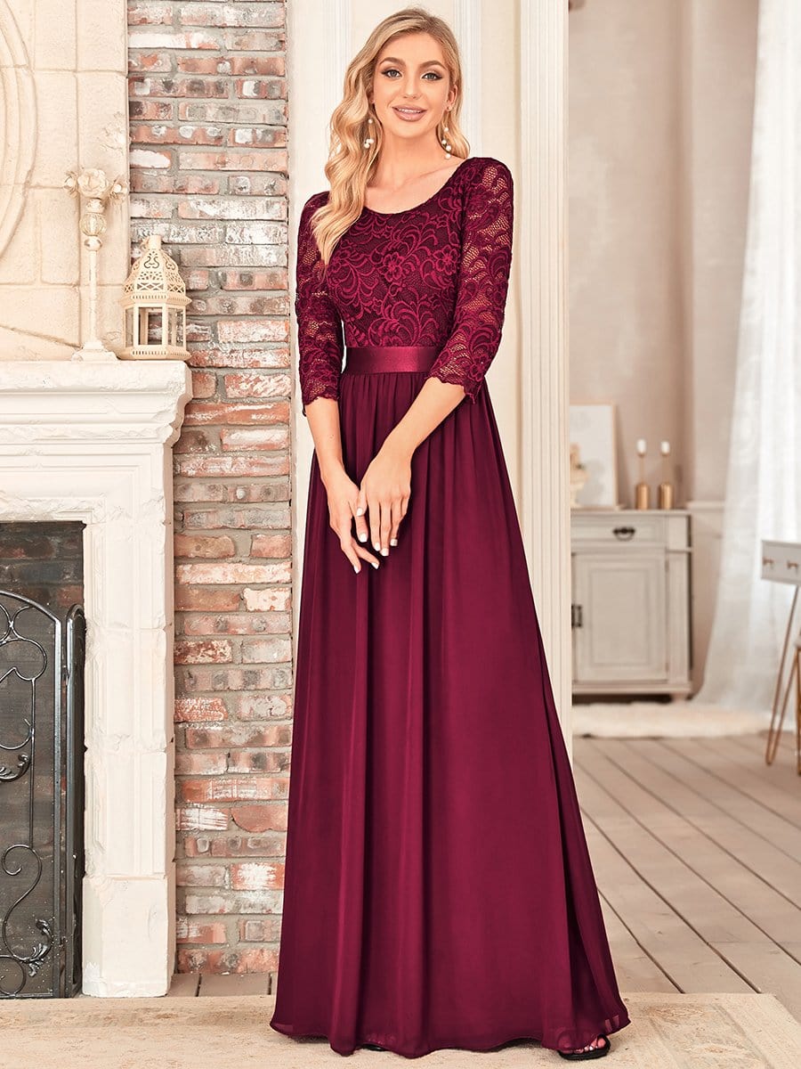 Elegant Round Neck A Line See-Through Lace Evening Dress #color_Burgundy