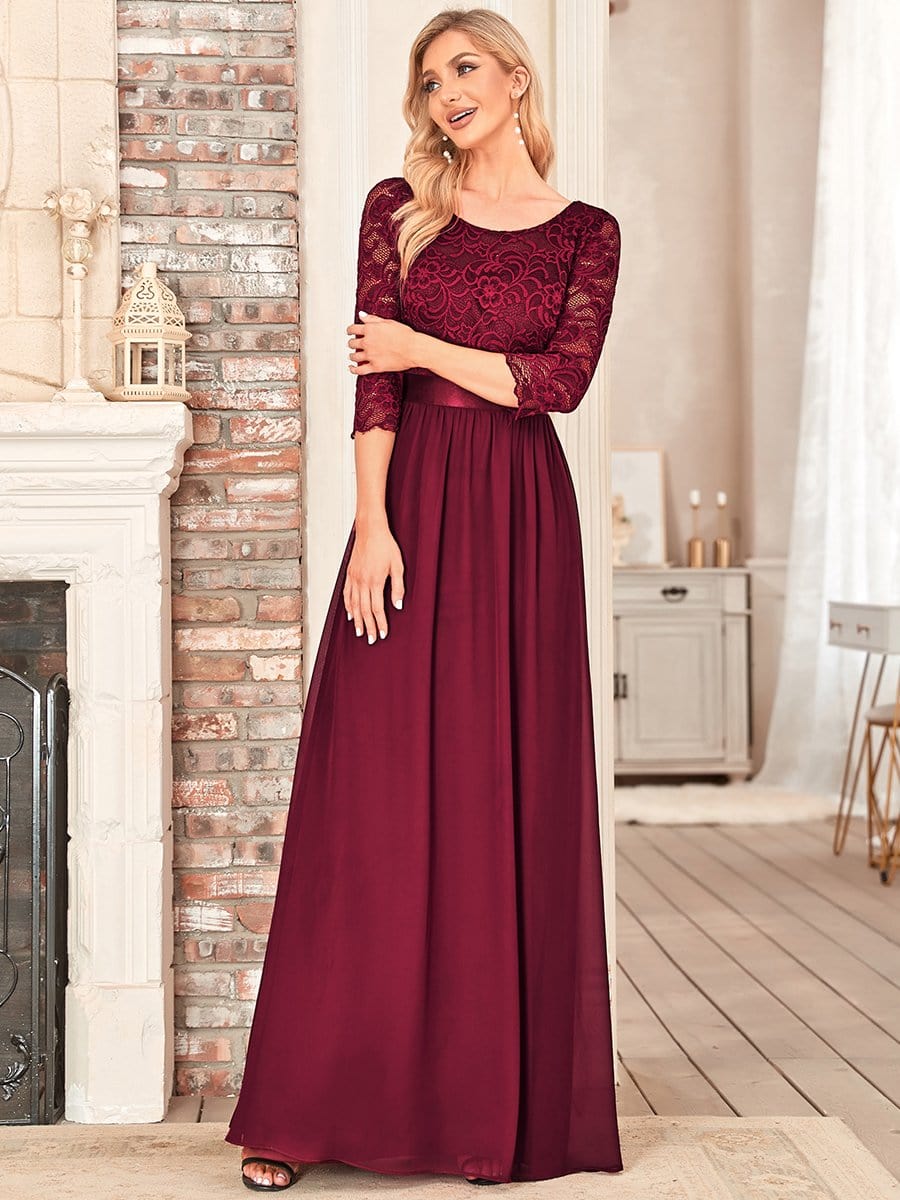 Elegant Round Neck A Line See-Through Lace Evening Dress #color_Burgundy