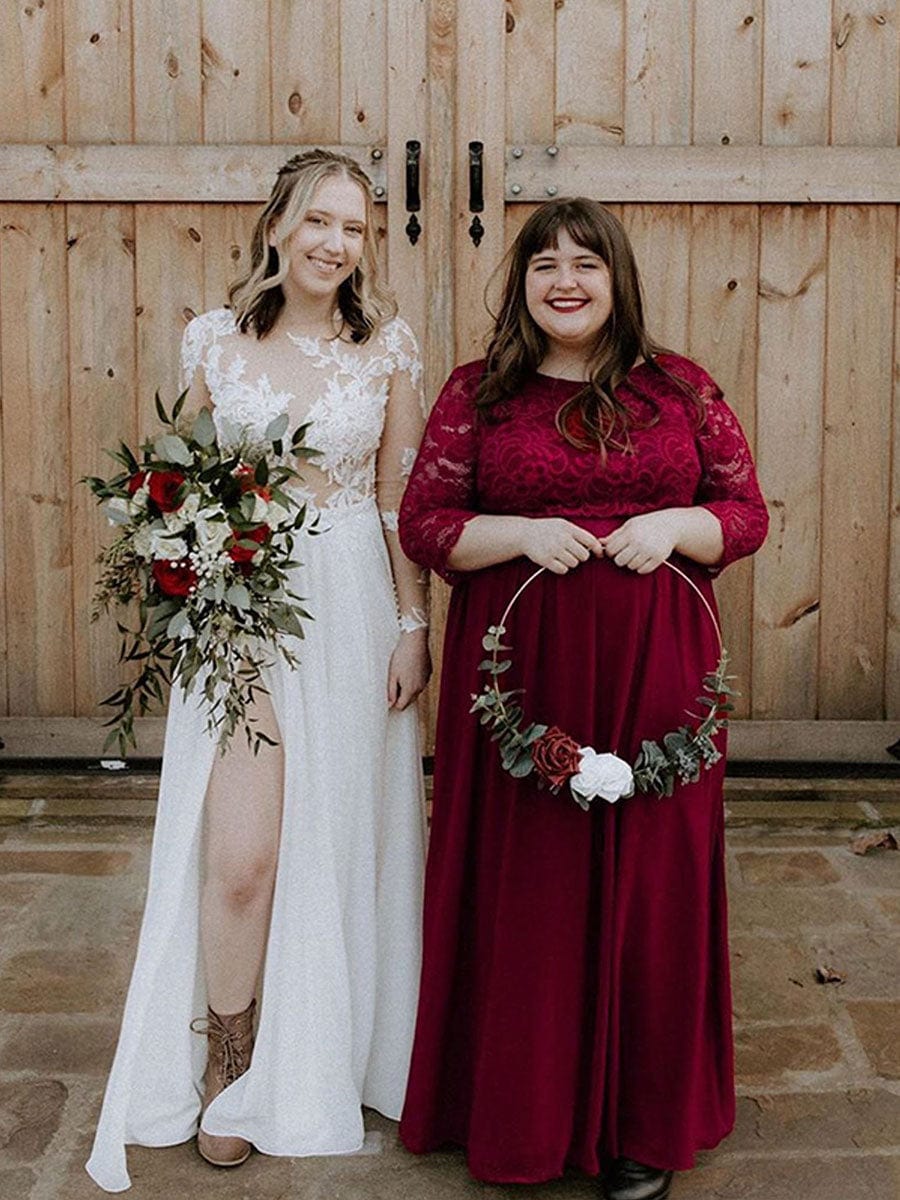 Plus Size See-Through Floor Length Lace Bridesmaid Dress With Half Sleeve #color_Burgundy