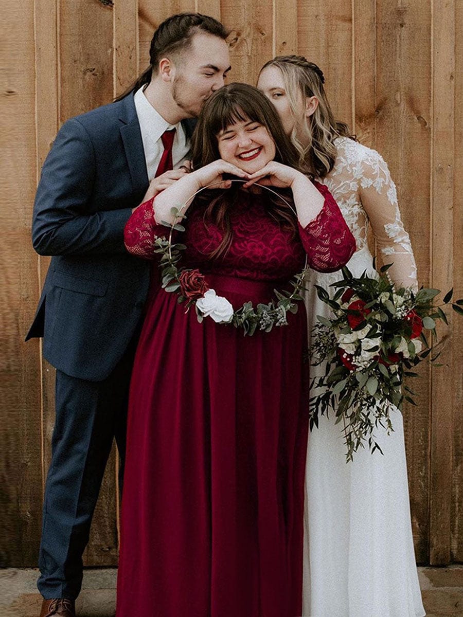 Plus Size See-Through Floor Length Lace Bridesmaid Dress With Half Sleeve #color_Burgundy