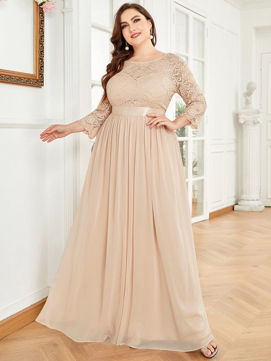 Plus Size See-Through Floor Length Lace Bridesmaid Dress With Half Sleeve #color_Blush