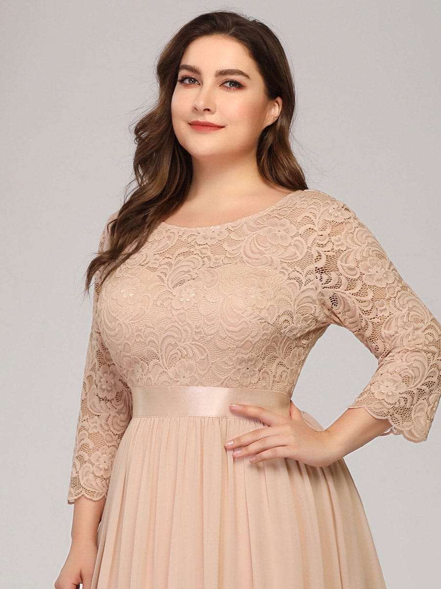 Plus Size See-Through Floor Length Lace Bridesmaid Dress With Half Sleeve #color_Blush