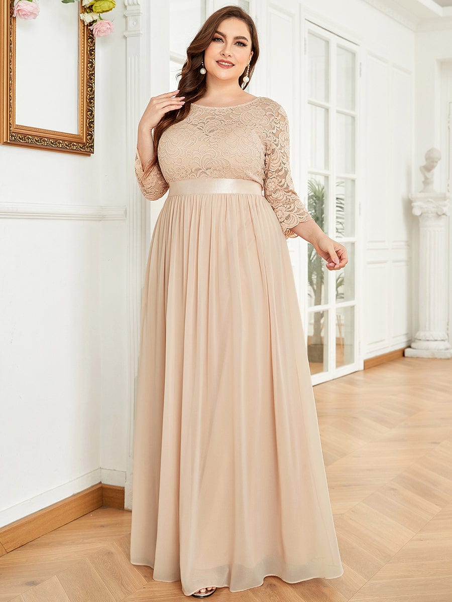 Elegant Round Neck A Line See-Through Lace Evening Dress #color_Blush