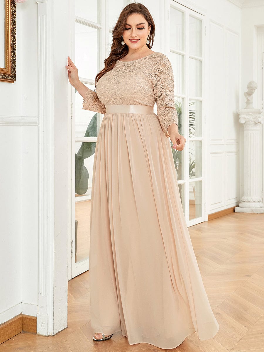 Plus Size See-Through Floor Length Lace Bridesmaid Dress With Half Sleeve #color_Blush