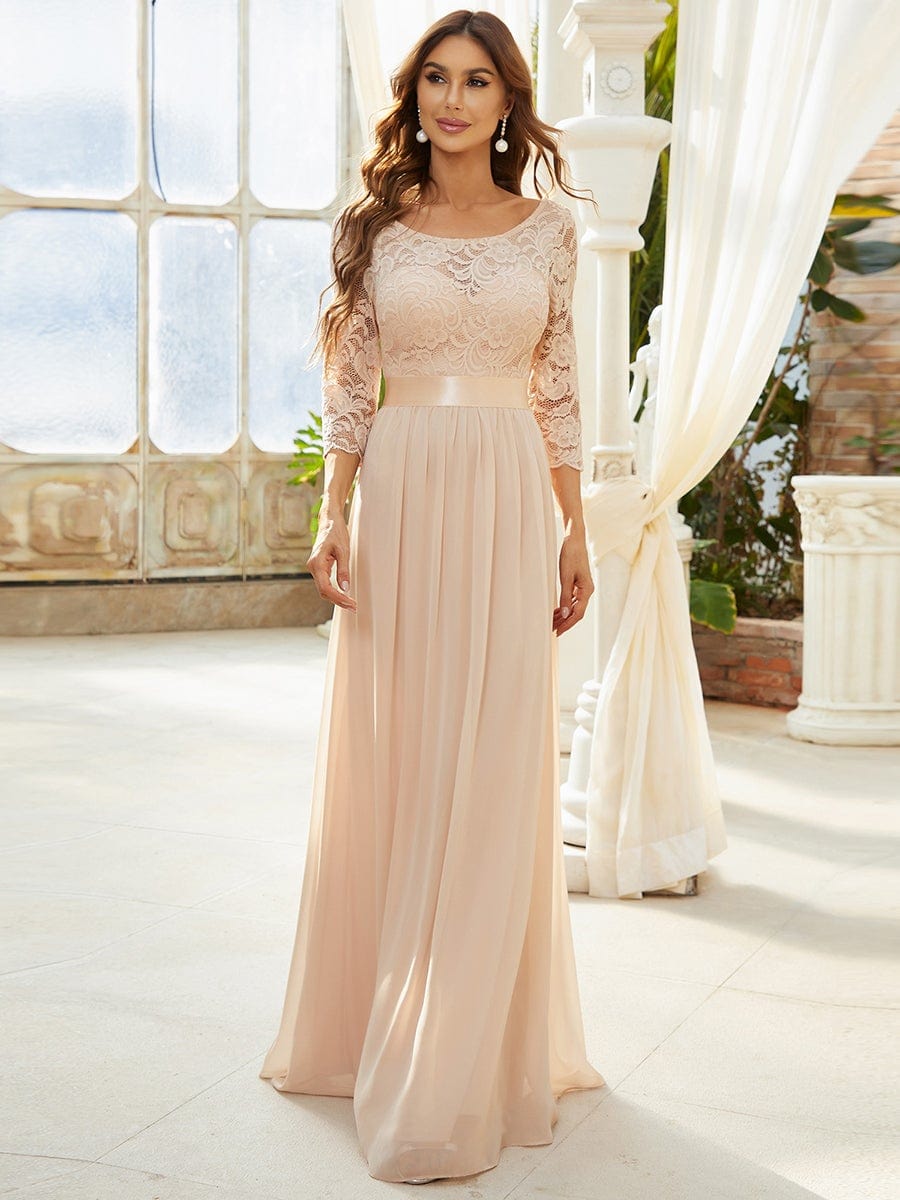 Elegant Round Neck A Line See-Through Lace Evening Dress #color_Blush