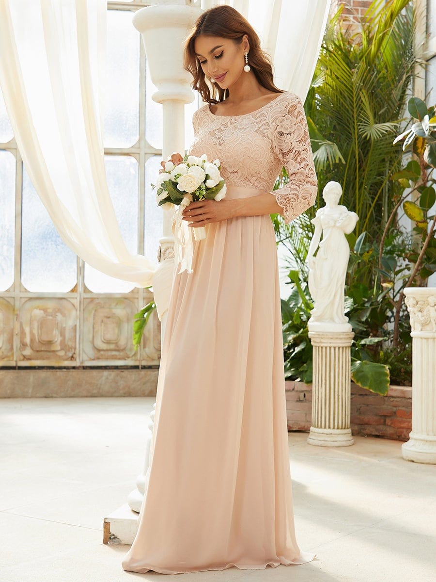 Elegant Round Neck A Line See-Through Lace Evening Dress #color_Blush