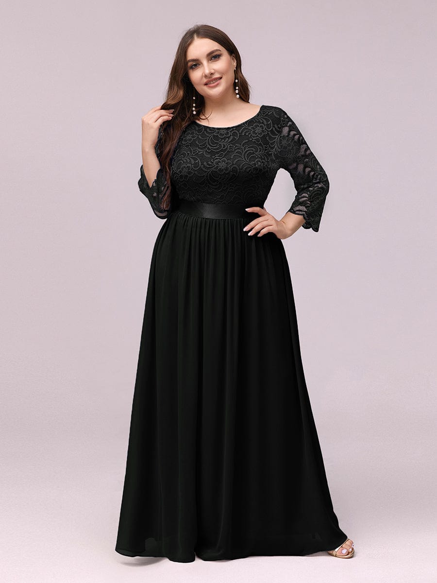 See-Through Floor Length Lace Evening Dress with Half Sleeve #color_Black