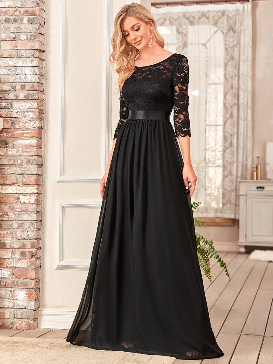 See-Through Floor Length Lace Evening Dress with Half Sleeve #color_Black