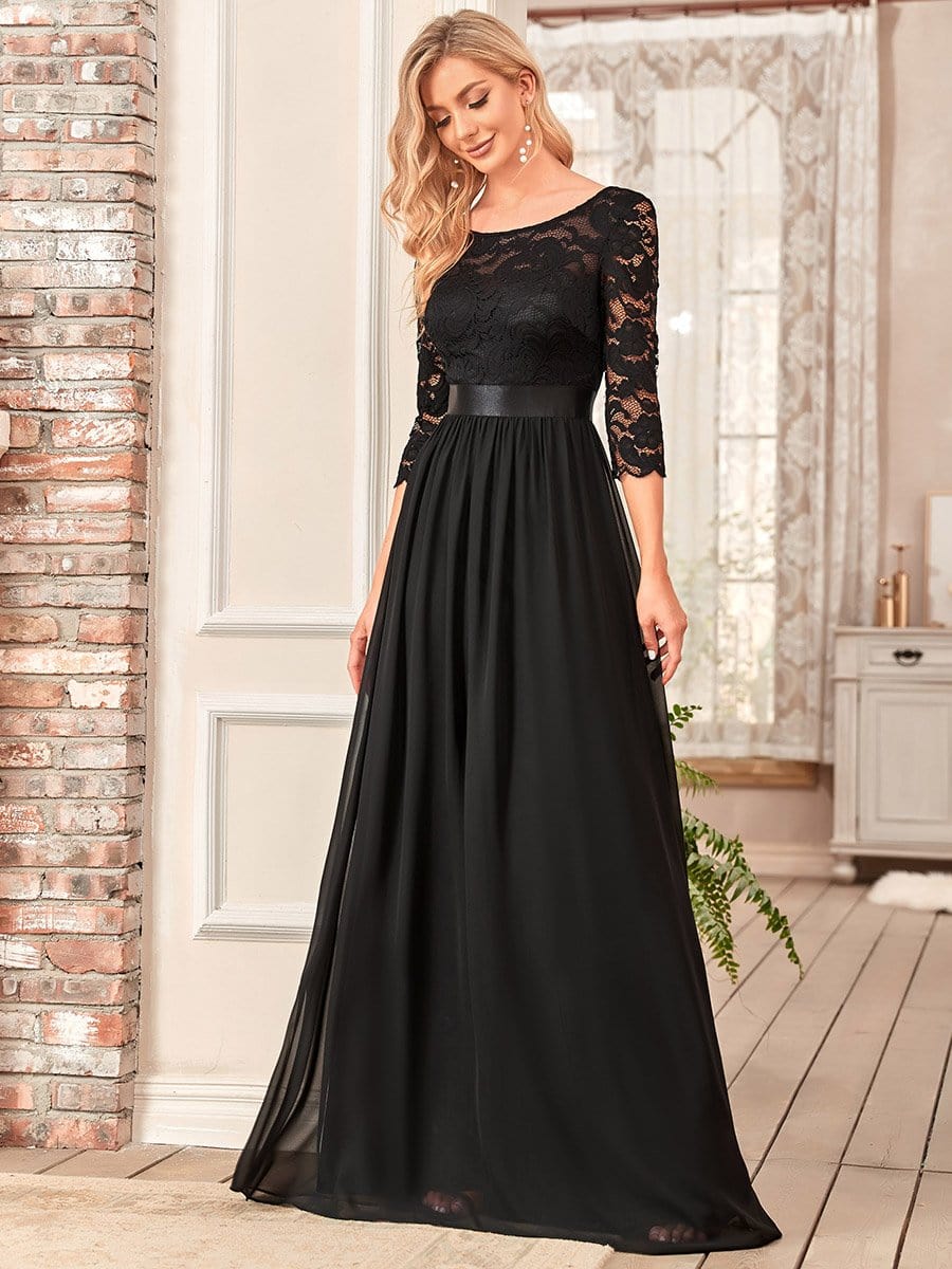 Elegant Round Neck A Line See-Through Lace Evening Dress #color_Black