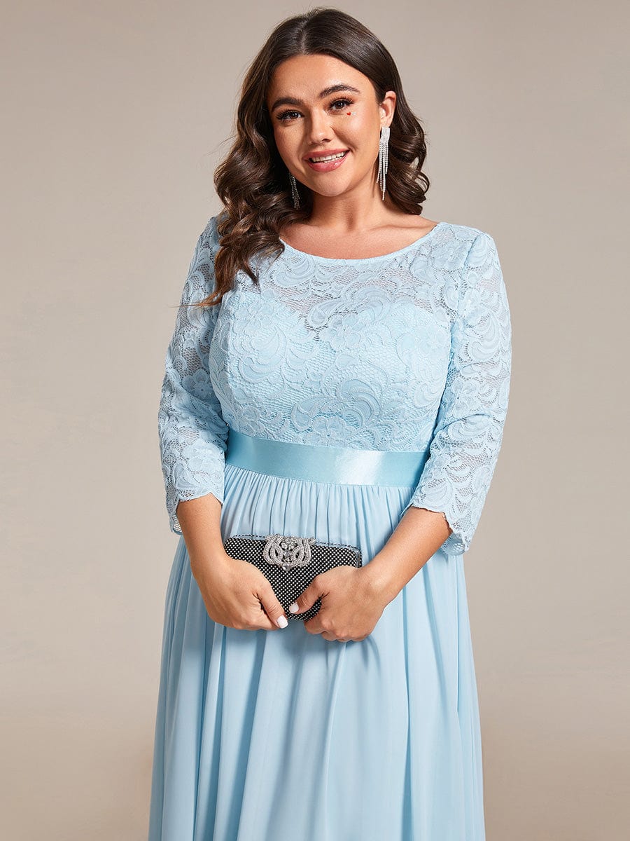 Plus Size See-Through Floor Length Lace Bridesmaid Dress With Half Sleeve #color_Sky Blue