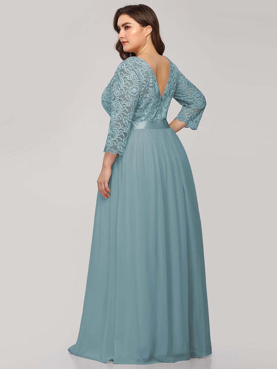 Plus Size See-Through Floor Length Lace Bridesmaid Dress With Half Sleeve #color_Dusty Blue