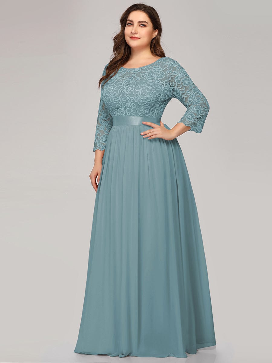 Plus Size See-Through Floor Length Lace Bridesmaid Dress With Half Sleeve #color_Light Teal