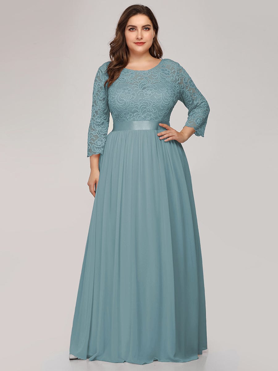 Plus Size See-Through Floor Length Lace Bridesmaid Dress With Half Sleeve #color_Dusty Blue