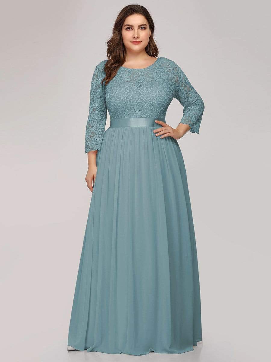 Elegant Round Neck A Line See-Through Lace Evening Dress #color_Dusty Blue