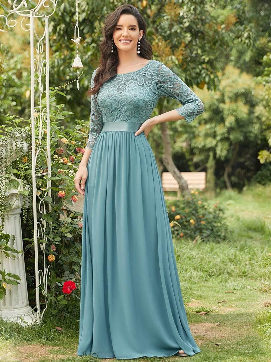 Elegant Round Neck A Line See-Through Lace Evening Dress #color_Light Teal