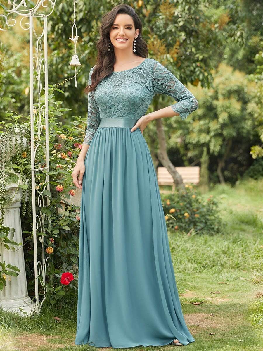 Elegant Round Neck A Line See-Through Lace Evening Dress #color_Dusty Blue