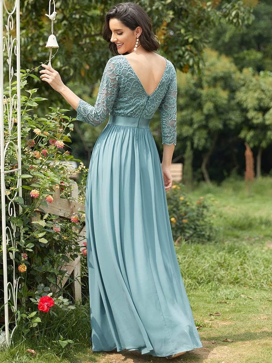 Elegant Round Neck A Line See-Through Lace Evening Dress #color_Light Teal