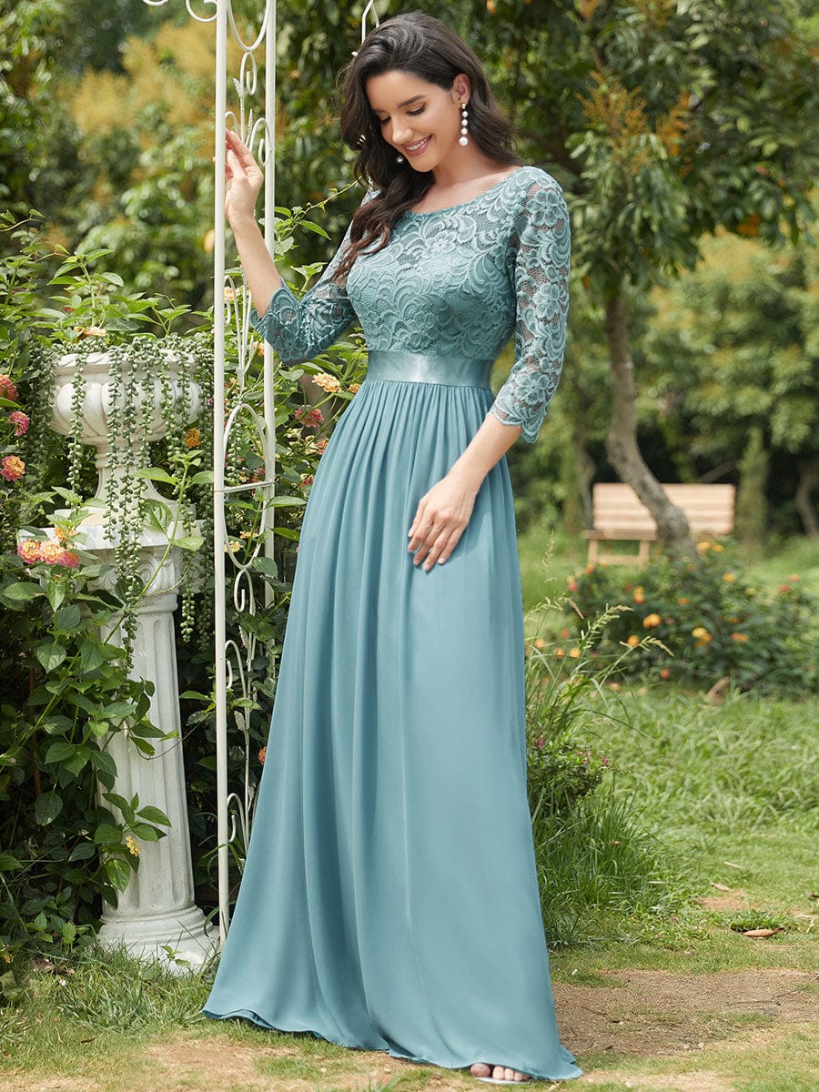 Elegant Round Neck A Line See-Through Lace Evening Dress #color_Dusty Blue