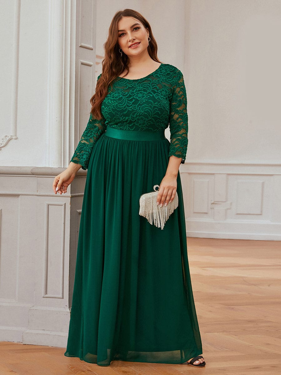 Plus Size See-Through Floor Length Lace Bridesmaid Dress With Half Sleeve #color_Dark Green