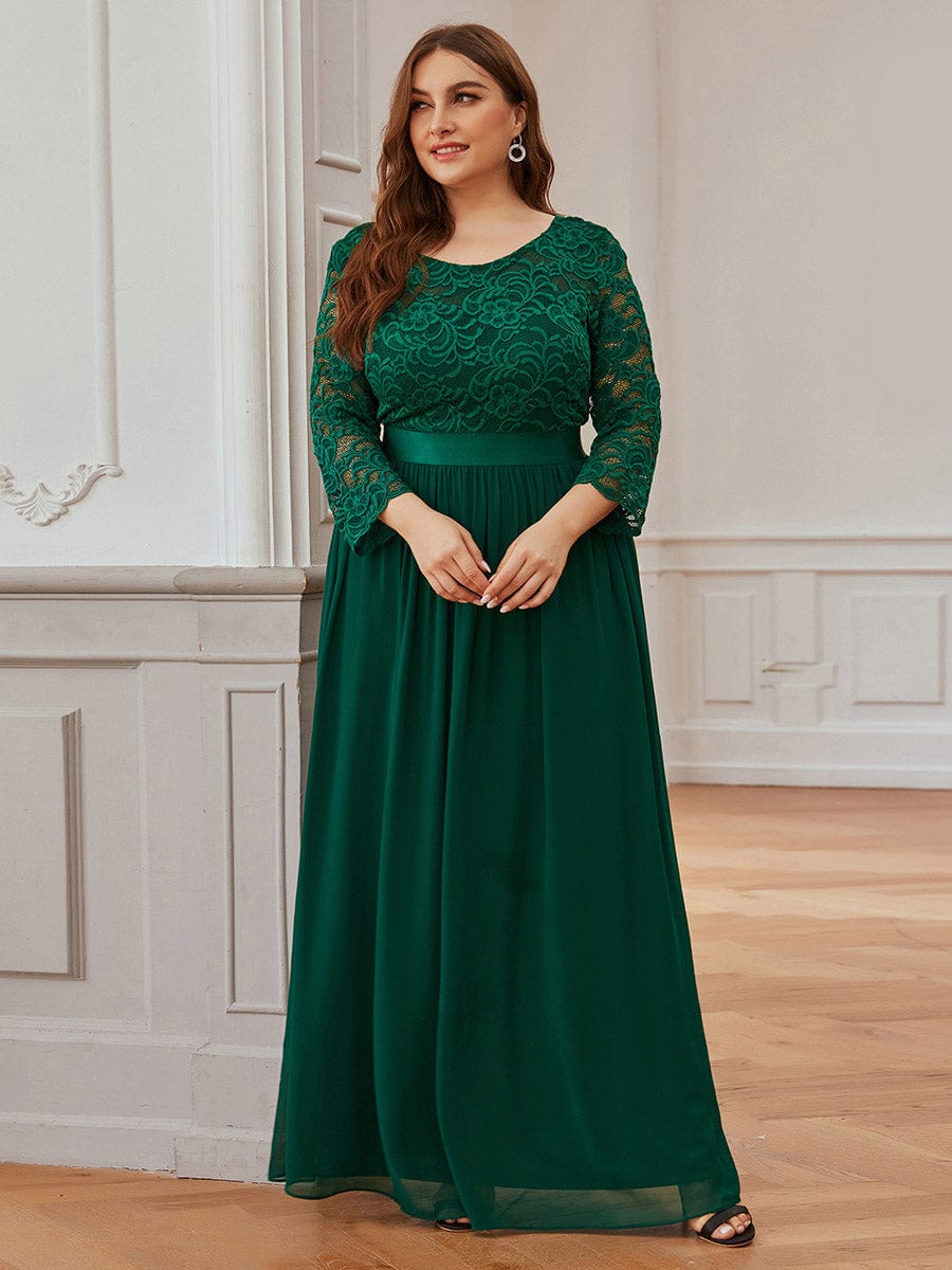 Plus Size See-Through Floor Length Lace Bridesmaid Dress With Half Sleeve #color_Dark Green