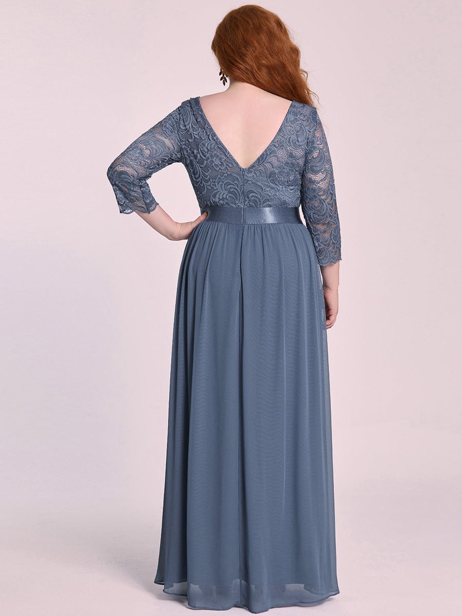 See-Through Floor Length Lace Evening Dress with Half Sleeve #color_Dusty Blue