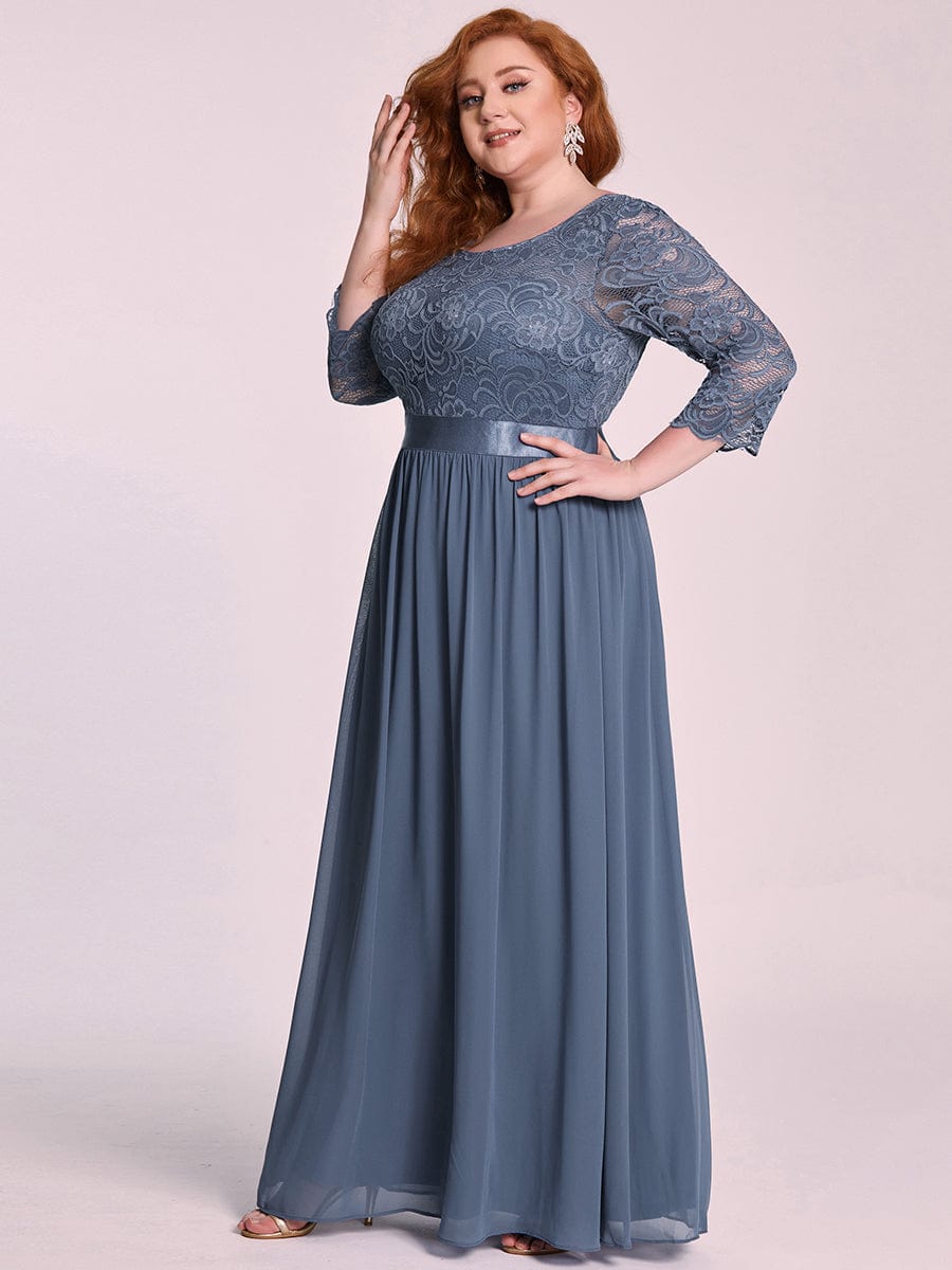 Plus Size See-Through Floor Length Lace Bridesmaid Dress With Half Sleeve #color_Dusty Navy