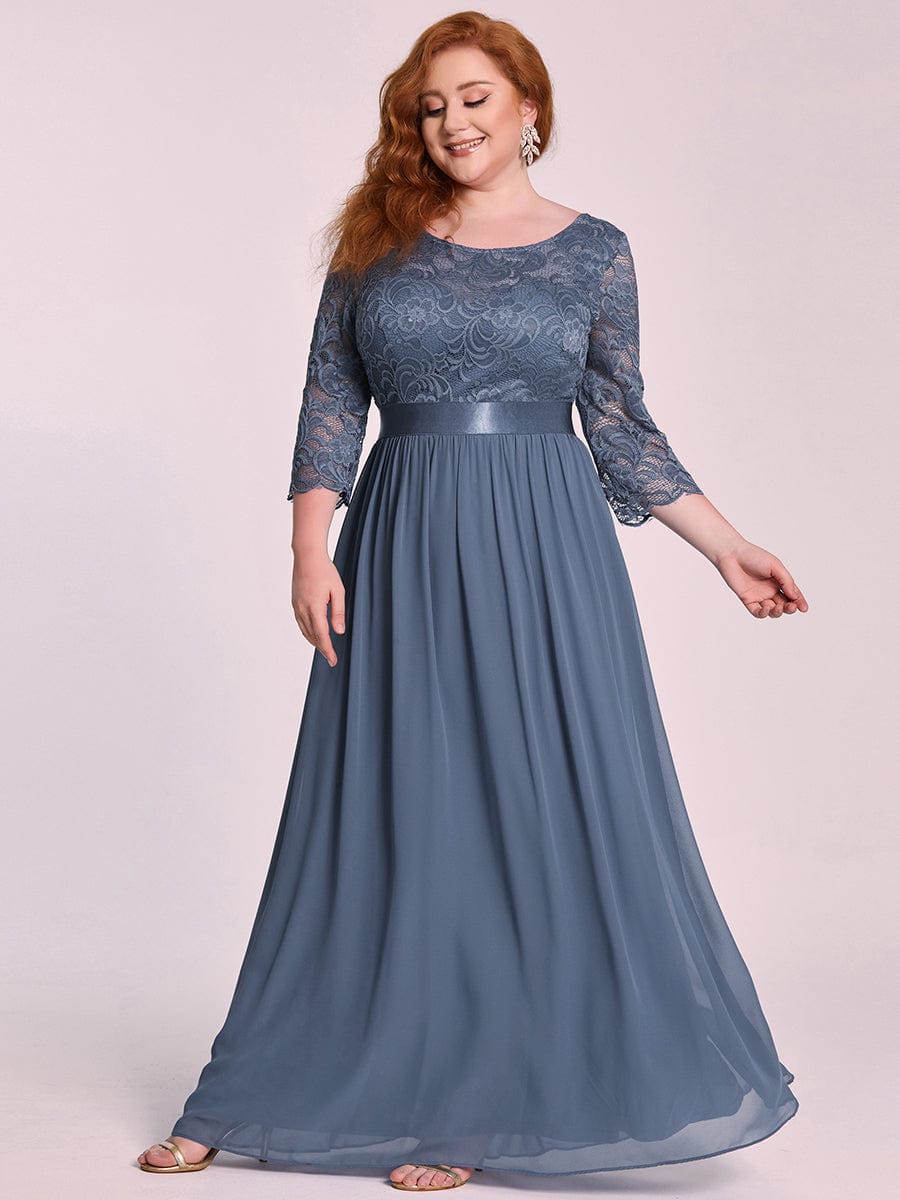 Plus Size See-Through Floor Length Lace Bridesmaid Dress With Half Sleeve #color_Dusty Blue