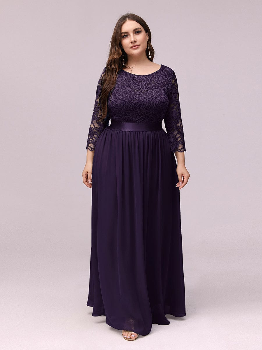 See-Through Floor Length Lace Evening Dress with Half Sleeve #color_Dark Purple