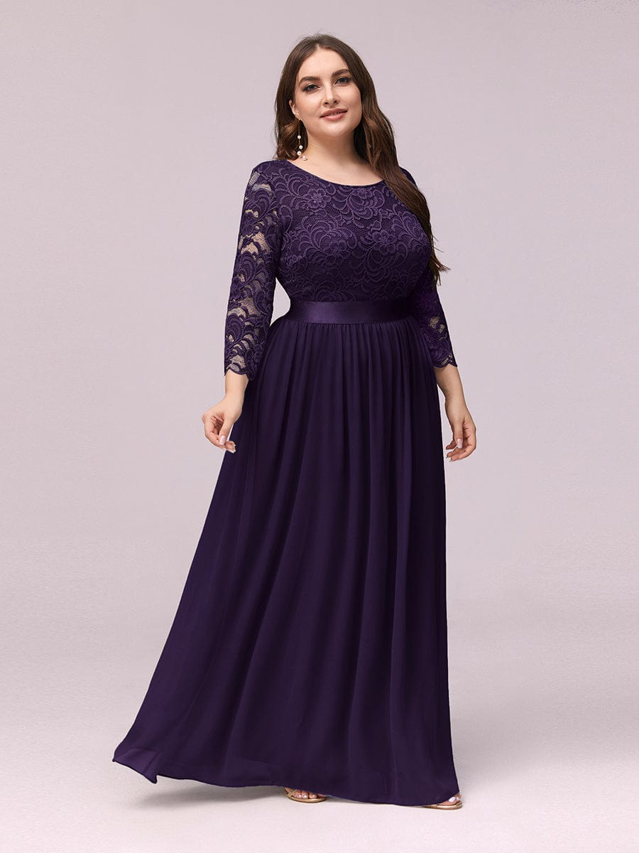 See-Through Floor Length Lace Evening Dress with Half Sleeve #color_Dark Purple