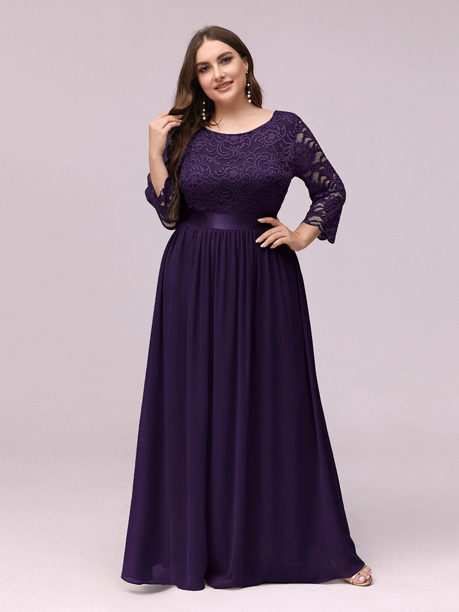 Plus Size See-Through Floor Length Lace Bridesmaid Dress With Half Sleeve #color_Dark Purple