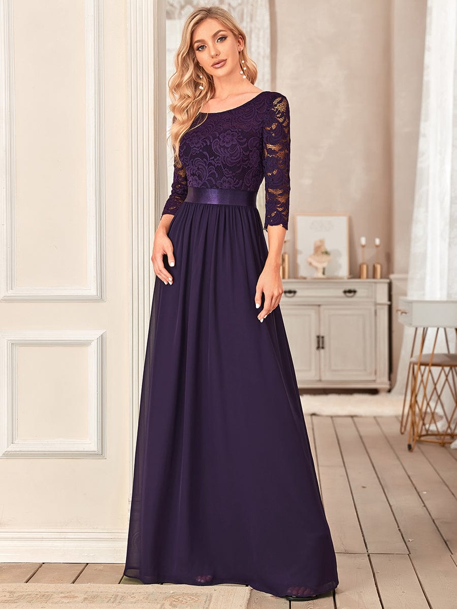 See-Through Floor Length Lace Evening Dress with Half Sleeve #color_Dark Purple