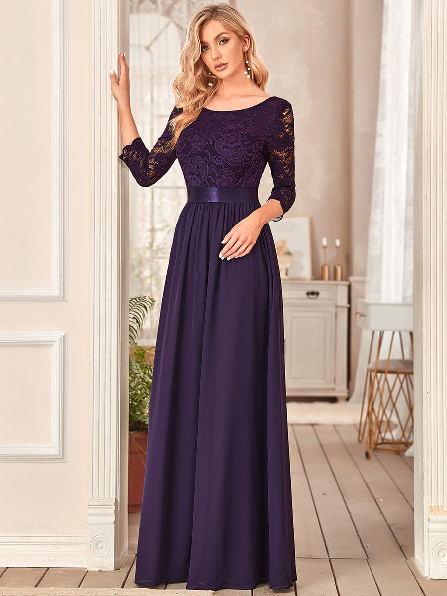 See-Through Floor Length Lace Evening Dress with Half Sleeve #color_Dark Purple