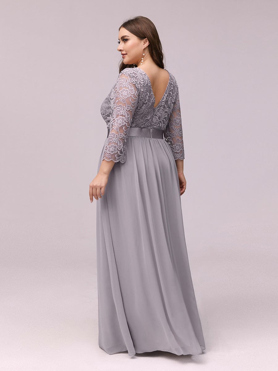 Elegant Round Neck A Line See-Through Lace Evening Dress #color_Grey