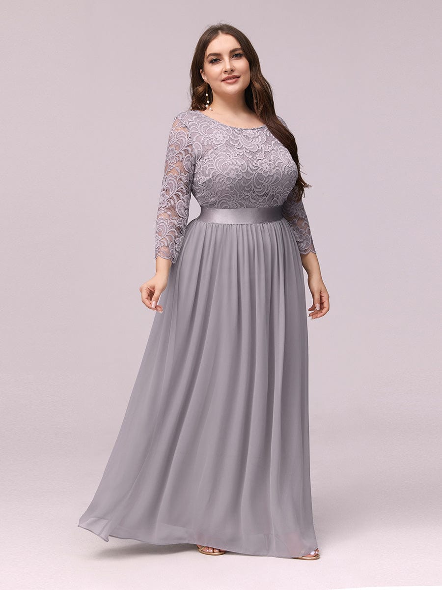 Plus Size See-Through Floor Length Lace Bridesmaid Dress With Half Sleeve #color_Grey