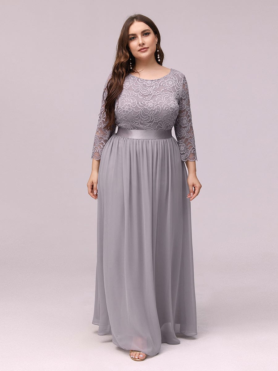 Plus Size See-Through Floor Length Lace Bridesmaid Dress With Half Sleeve #color_Grey