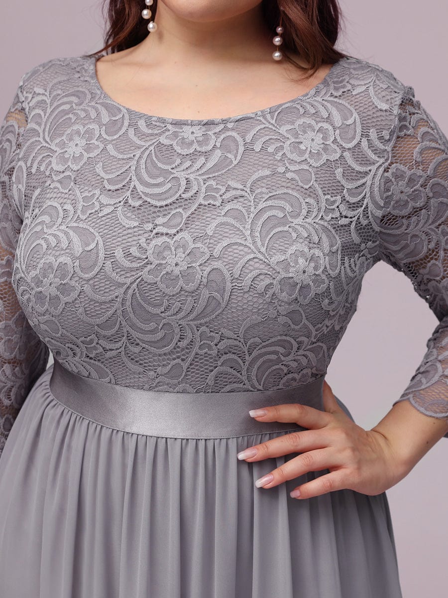 Elegant Round Neck A Line See-Through Lace Evening Dress #color_Grey