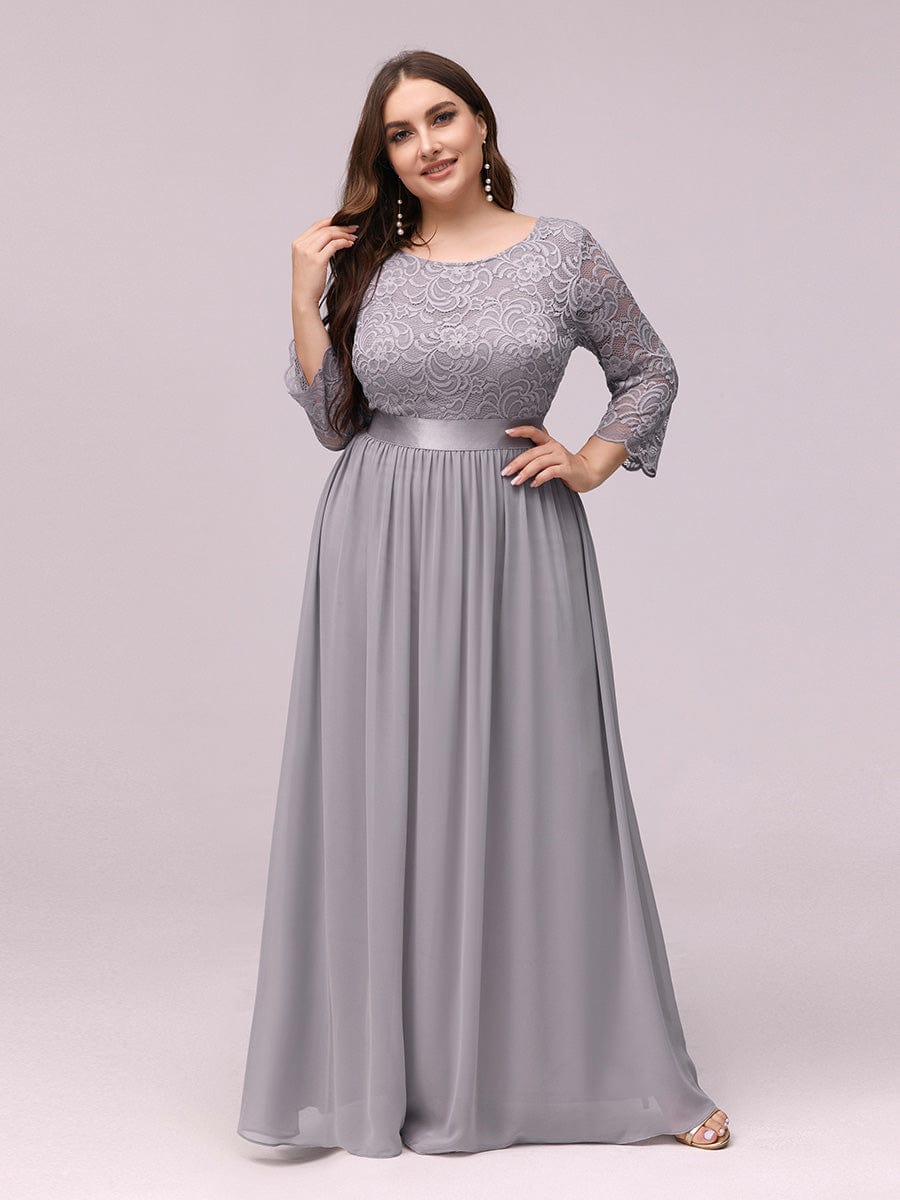 Elegant Round Neck A Line See-Through Lace Evening Dress #color_Grey