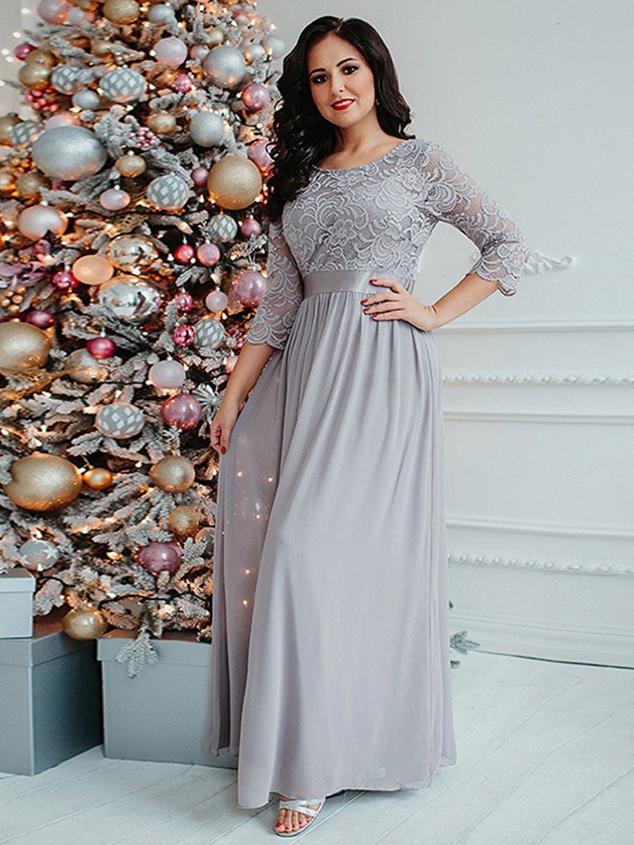 Elegant Round Neck A Line See-Through Lace Evening Dress #color_Grey