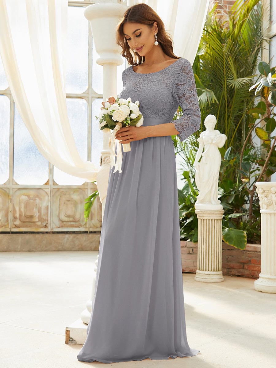 Elegant Round Neck A Line See-Through Lace Evening Dress #color_Grey