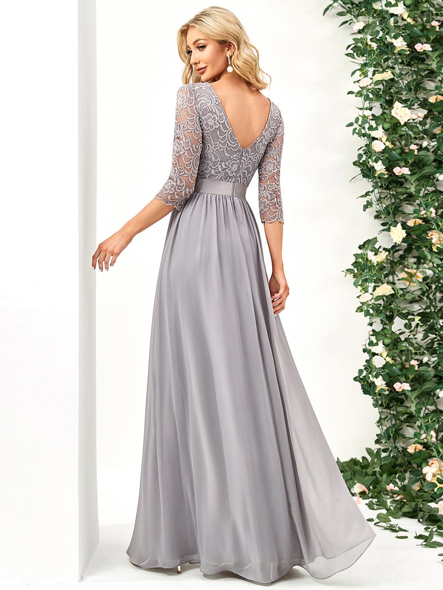 Elegant Round Neck A Line See-Through Lace Evening Dress #color_Grey