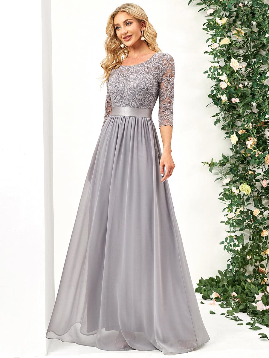 Elegant Round Neck A Line See-Through Lace Evening Dress #color_Grey