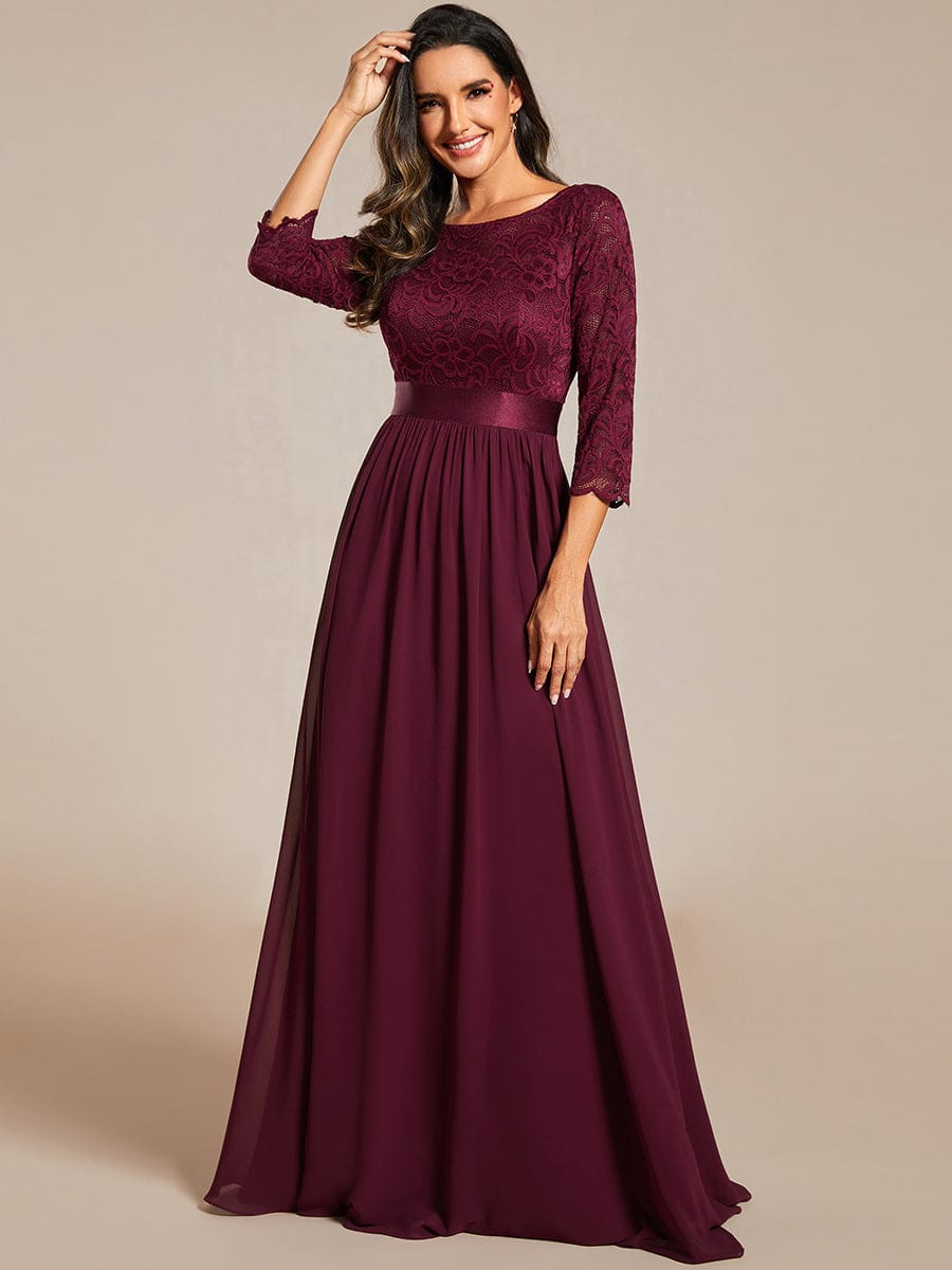 Elegant Round Neck A Line See-Through Lace Evening Dress #color_Mulberry