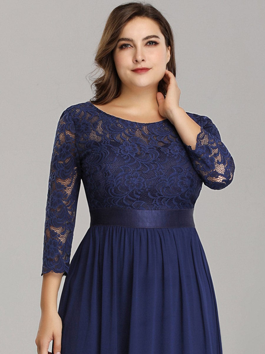 Plus Size See-Through Floor Length Lace Bridesmaid Dress With Half Sleeve #color_Navy Blue