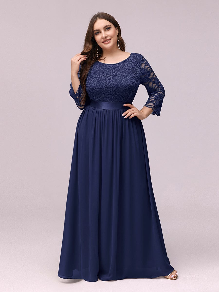 Plus Size See-Through Floor Length Lace Bridesmaid Dress With Half Sleeve #color_Navy Blue