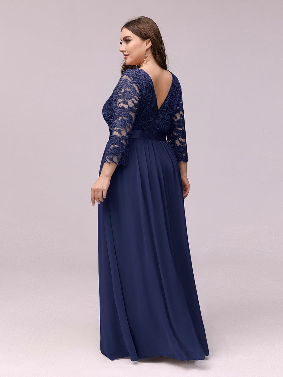 Plus Size See-Through Floor Length Lace Bridesmaid Dress With Half Sleeve #color_Navy Blue