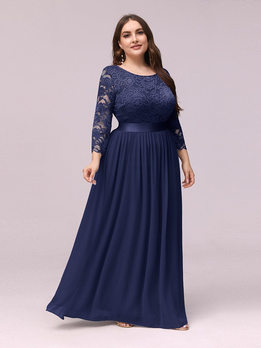 Plus Size See-Through Floor Length Lace Bridesmaid Dress With Half Sleeve #color_Navy Blue