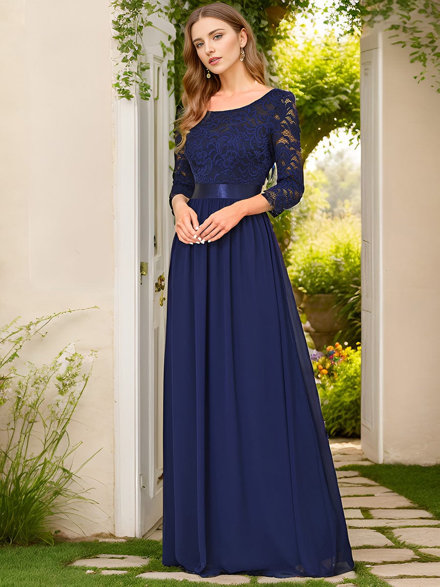 Elegant Round Neck A Line See-Through Lace Evening Dress #color_Navy Blue