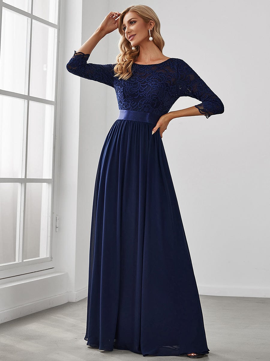 Elegant Round Neck A Line See-Through Lace Evening Dress #color_Navy Blue