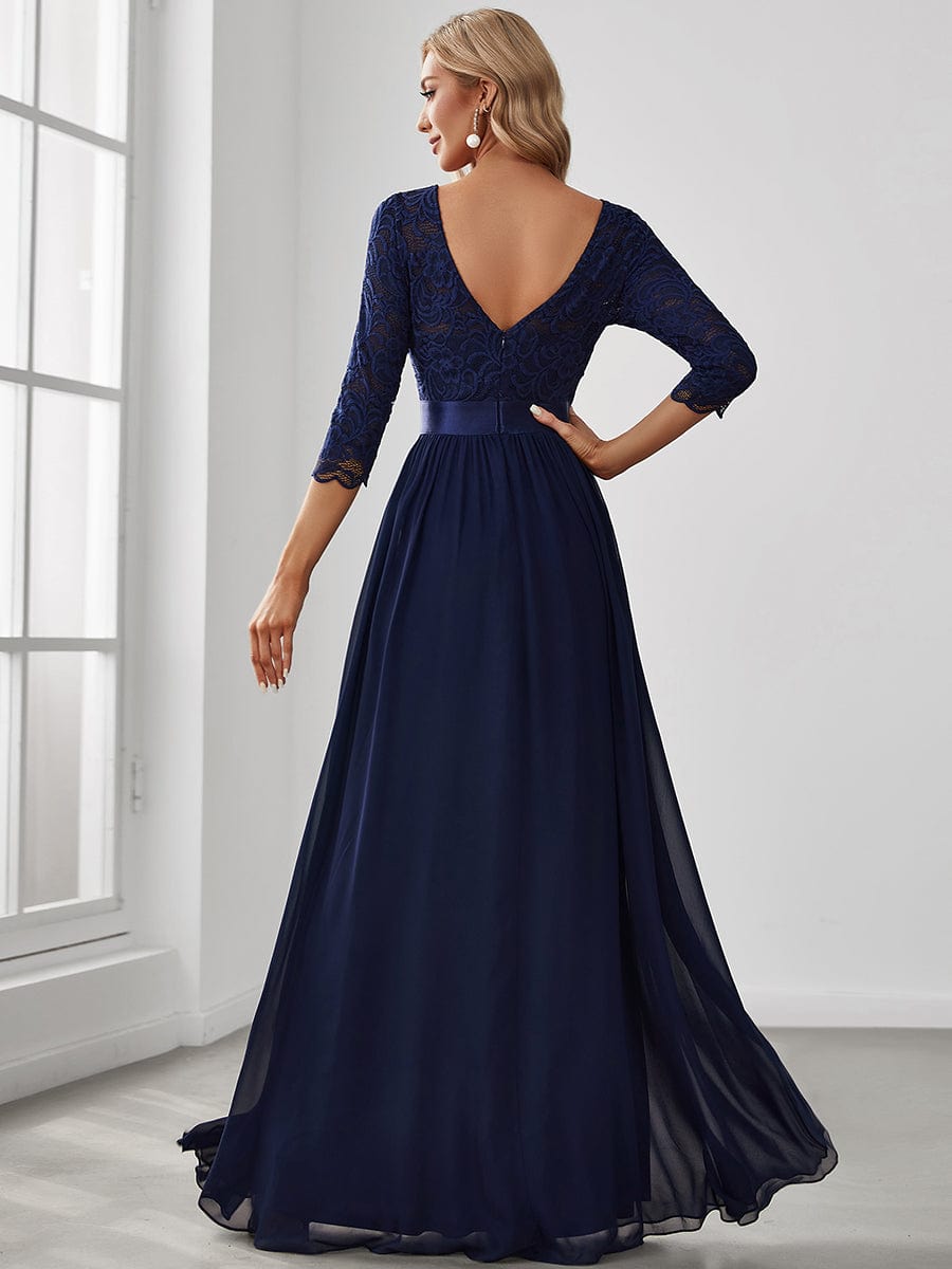 Elegant Round Neck A Line See-Through Lace Evening Dress #color_Navy Blue