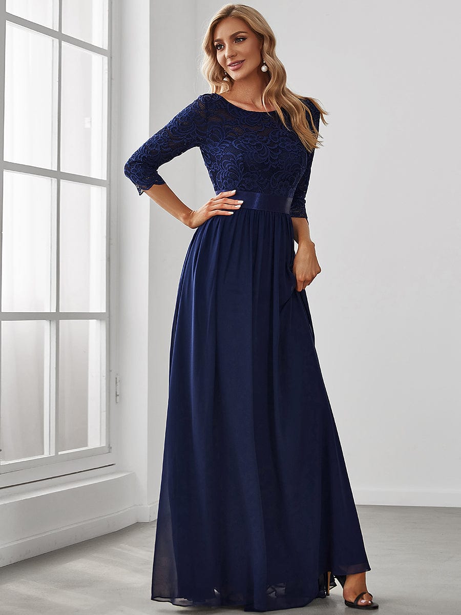 Elegant Round Neck A Line See-Through Lace Evening Dress #color_Navy Blue